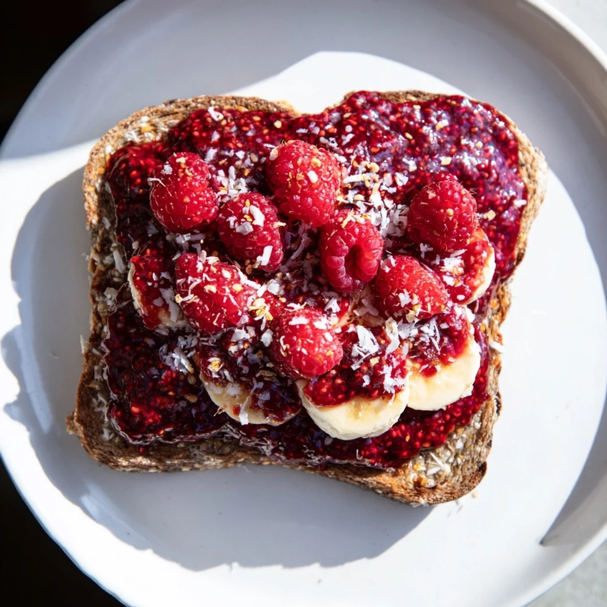 Heaping spoonfuls of homemade raspberry chia jam glistening on warm, toasted bread for breakfast.