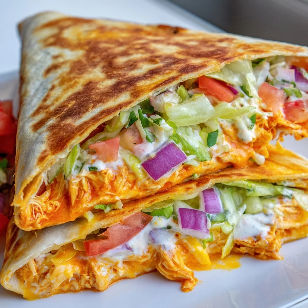 A delicious, golden-brown Buffalo Chicken Wrap, showcasing its flavorful chicken filling and fresh veggies.
