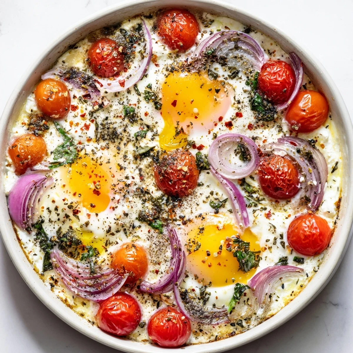 Golden, bubbly Baked Feta Eggs with runny yolks, vibrant tomatoes, and fresh herbs awaiting a scoop.