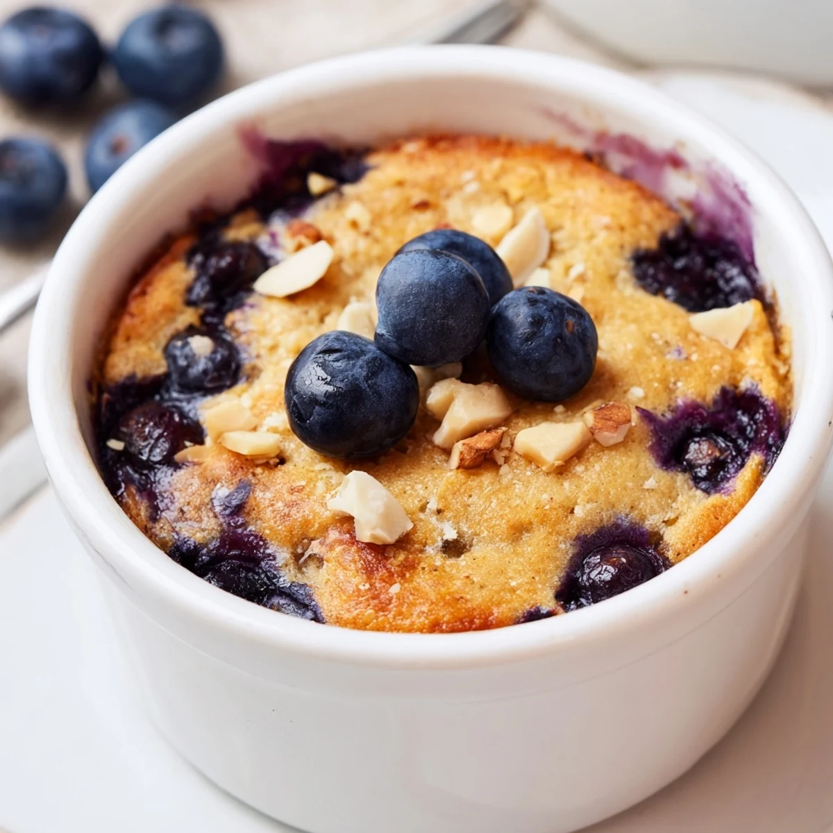 Warm, comforting Blueberry Baked Oats, offering a tender cake-like texture, perfect for a hearty breakfast.