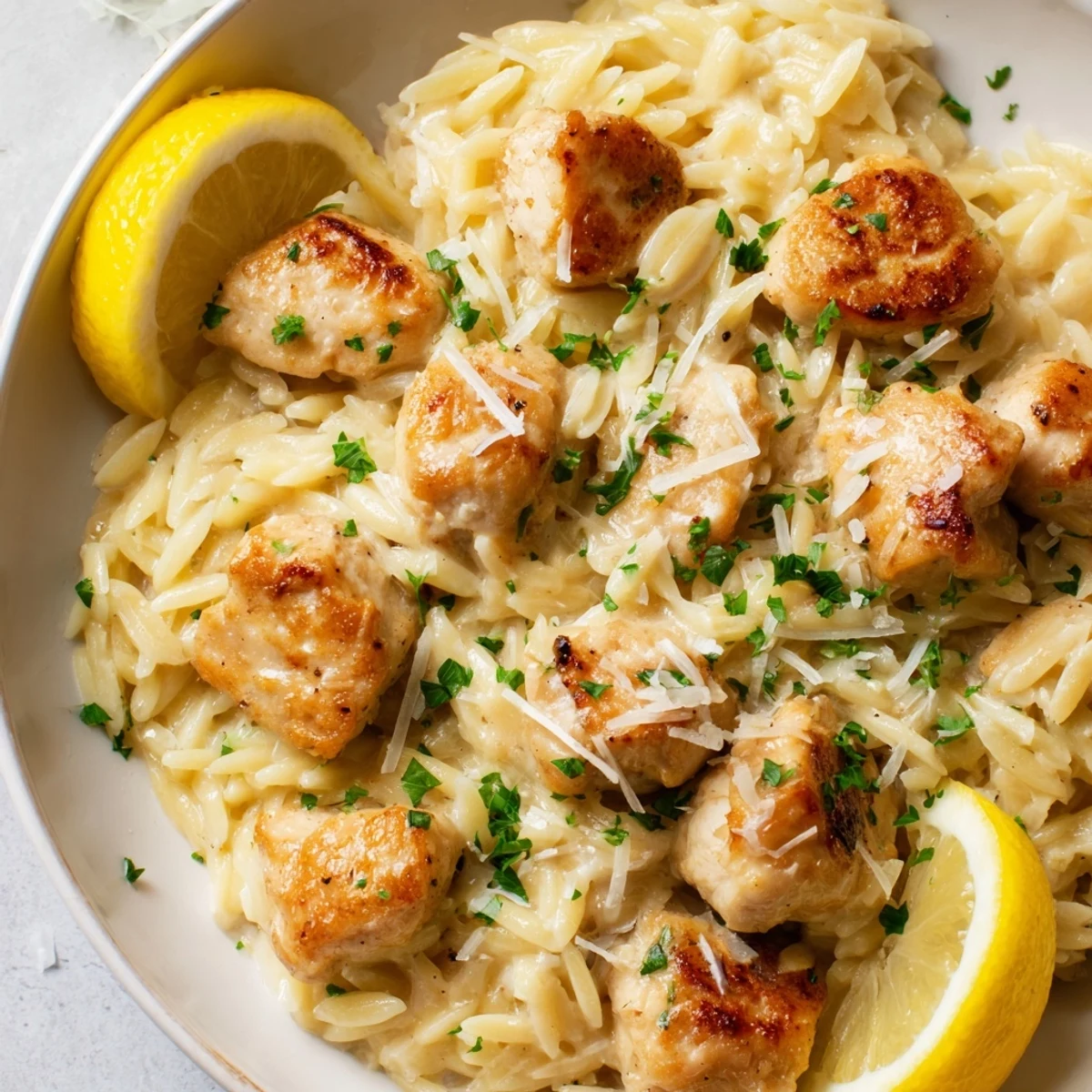 Tender Creamy Lemon Chicken Orzo with Parmesan and fresh parsley served in a bowl.