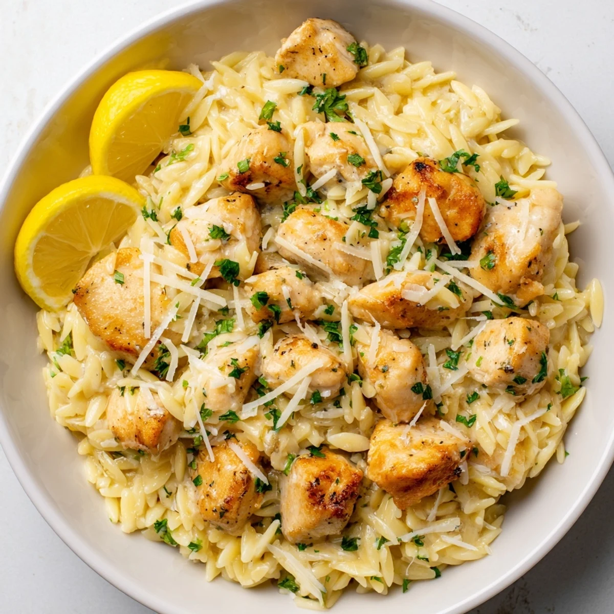 Bright, creamy Creamy Lemon Chicken Orzo, garnished with lemon slices, ready to enjoy.