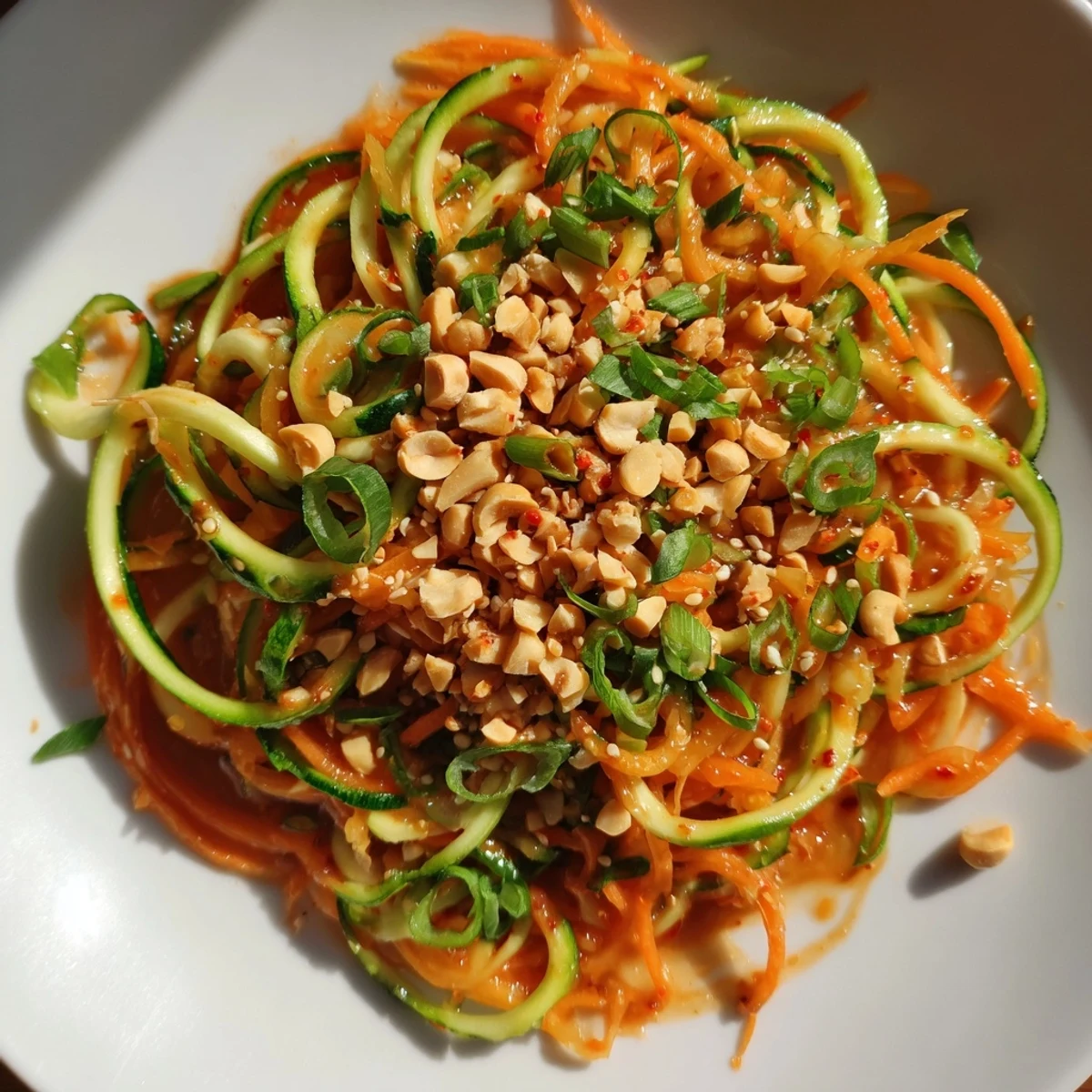 Vibrant Spicy Cucumber Noodle Bowl with spiralized cucumbers and a glistening, spicy sauce, ready to serve.