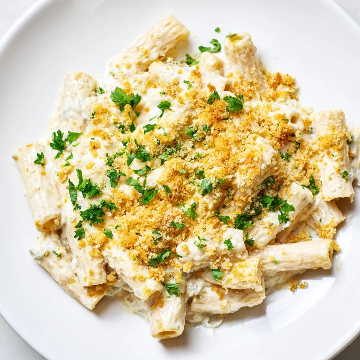 Golden, bubbly high-protein mac & cheese with a creamy cottage cheese sauce, ready to serve.