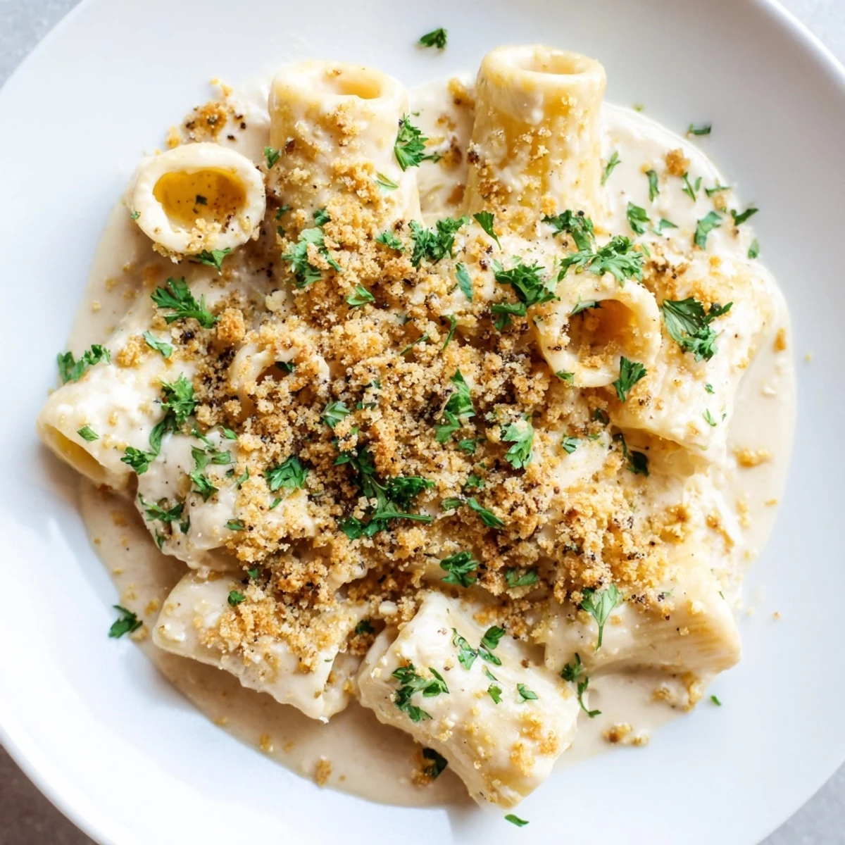 Warm, comforting high-protein mac & cheese, topped with breadcrumbs, promises a delicious dinner.