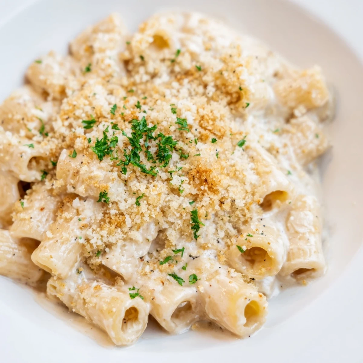 A close-up of a bowl of high-protein mac & cheese, showcasing the cheesy cottage cheese blend.