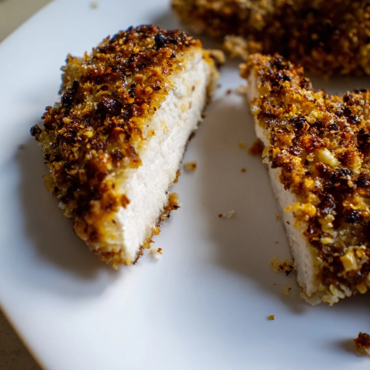 Close-up of freshly made air fryer chicken cutlets, smelling and tasting delicious with every bite.