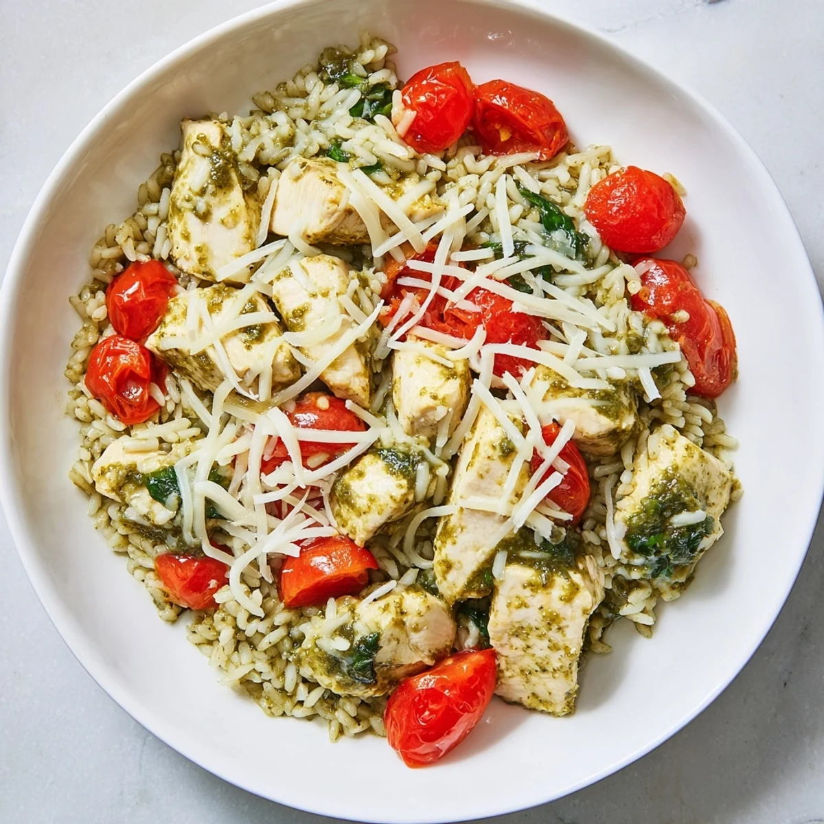 Chicken Pesto Rice Bake bubbling with melty mozzarella and juicy tomatoes, a family-friendly comfort food dinner.