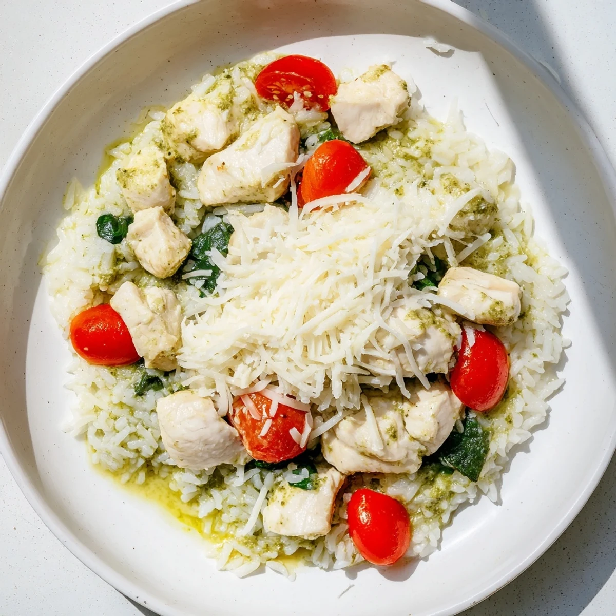 Cheesy Chicken Pesto Rice Bake with golden-brown crust, a creamy, flavorful Italian-inspired casserole for busy weeknights.