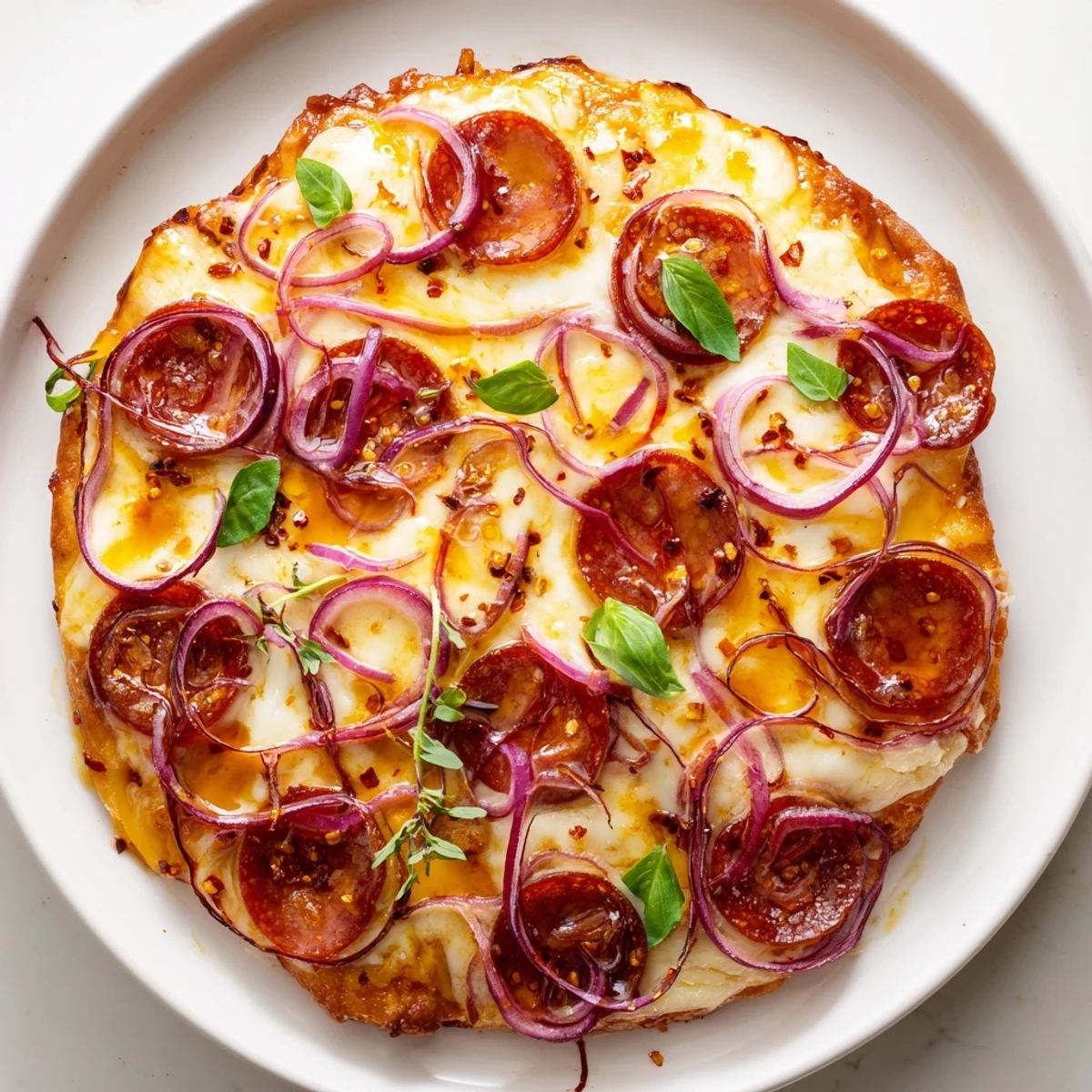View of a crispy Hot Honey Pepperoni Flatbread, glistening with melted cheese, ready to be sliced.