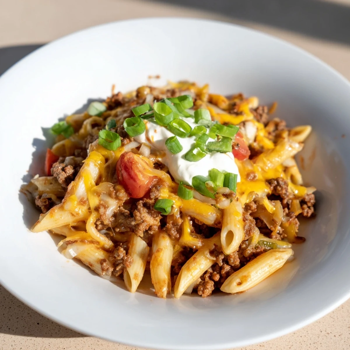 Fragrant One-Pot Taco Pasta simmers, showcasing chunky tomatoes and tender pasta in a rich broth.