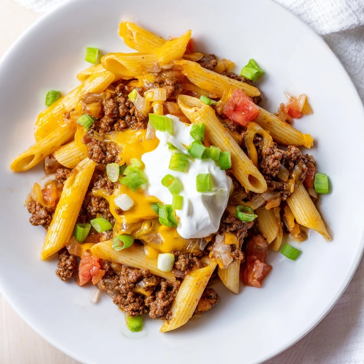 A family-pleasing bowl of finished One-Pot Taco Pasta, topped with fresh green onions and cheese.