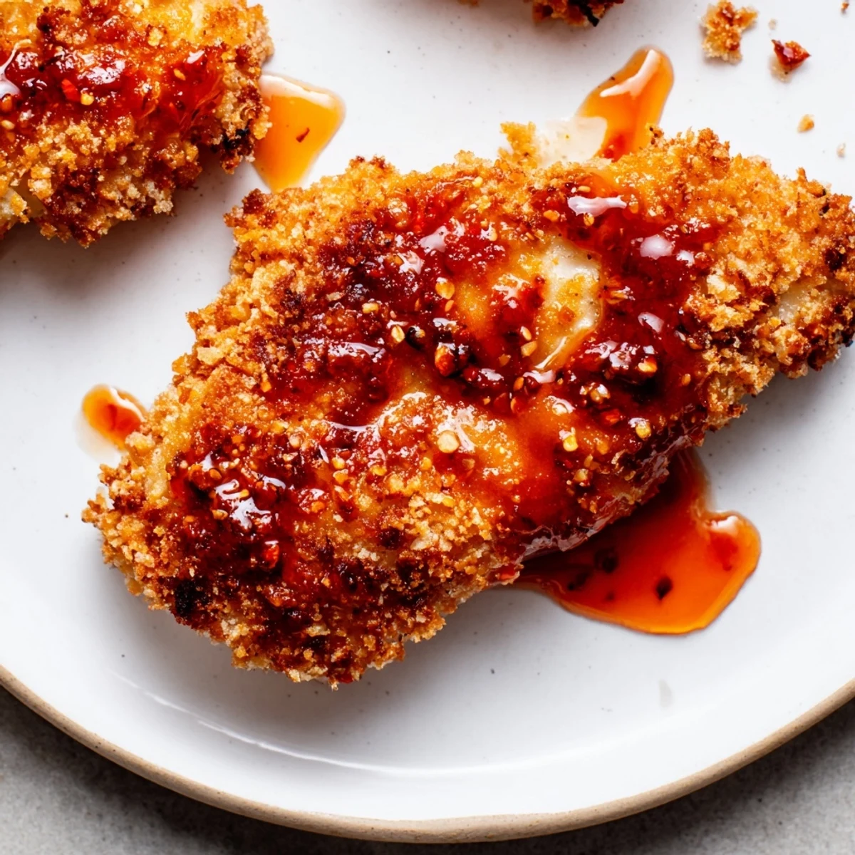Up-close shot of juicy, golden-brown Hot Honey Crispy Chicken Thighs, ready to be enjoyed.