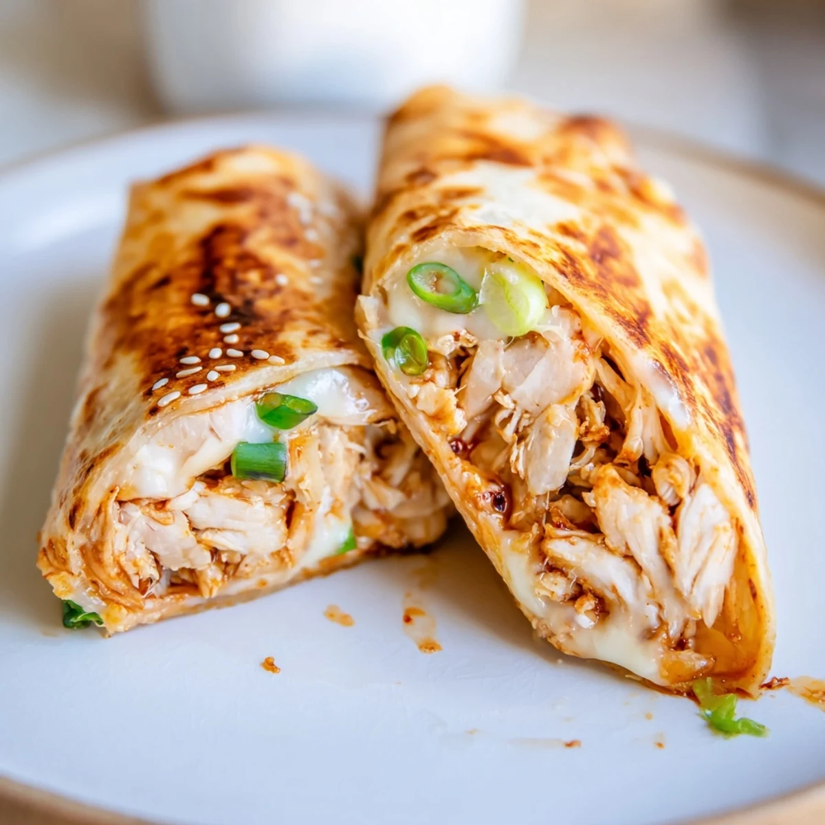 Crispy tortilla showcasing the delicious Korean BBQ Chicken Wrap Grilled Cheese, topped with fresh scallions and sesame seeds.
