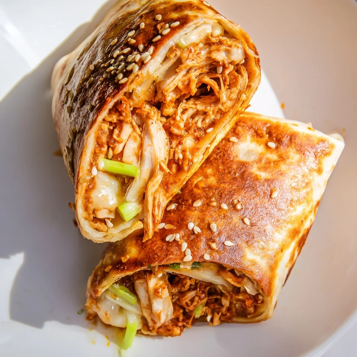 Mouthwatering close-up of a cut Korean BBQ Chicken Wrap Grilled Cheese, ready to be enjoyed as a perfect lunch.