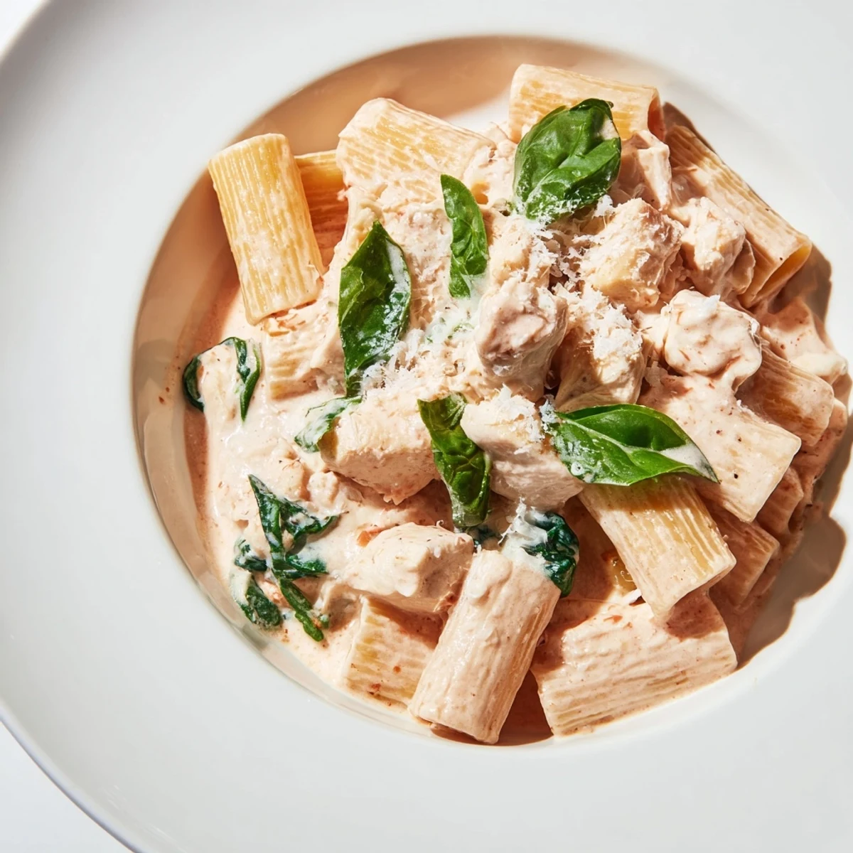 Creamy Budget-Friendly Marry Me Chicken Pasta served in a bowl, garnished with fresh basil, ready to enjoy.
