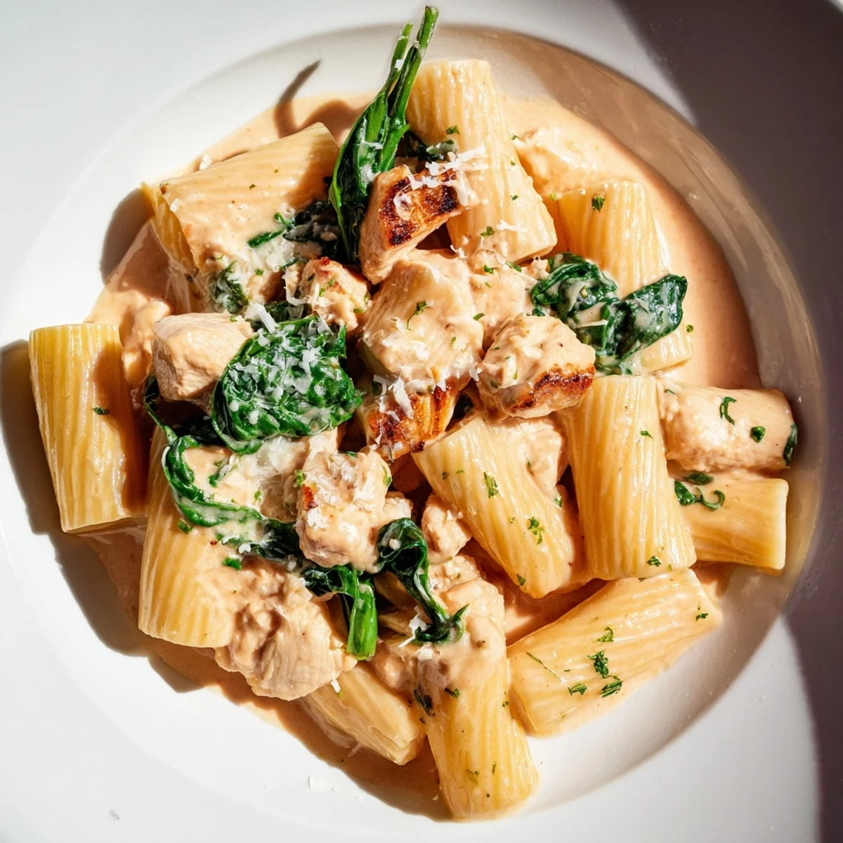 Close-up of the delicious Budget-Friendly Marry Me Chicken Pasta with tender chicken and creamy sauce.