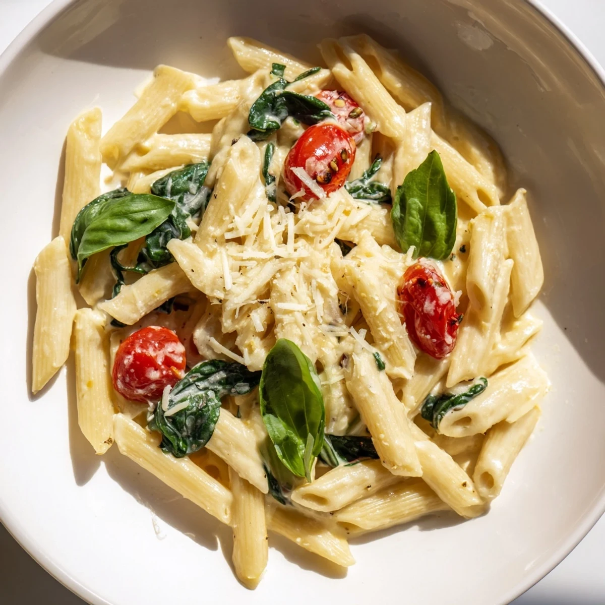 Creamy Cottage Cheese High-Protein Pasta, garnished with fresh basil, for a delightful dinner.
