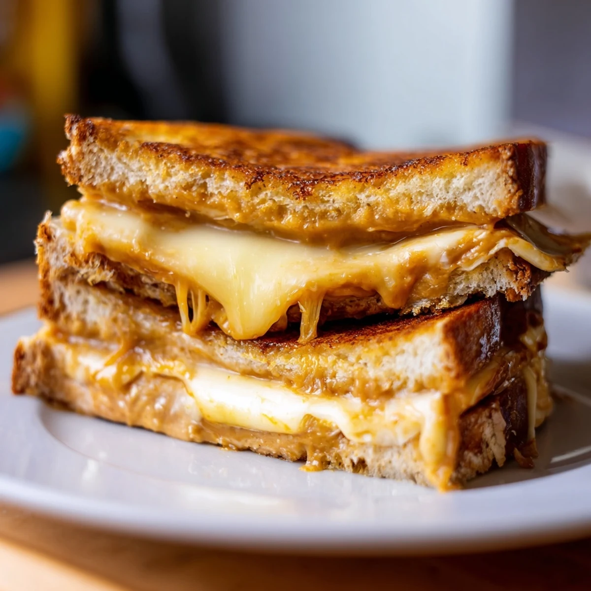 Golden brown Honey Chipotle Butter Grilled Cheese oozing melted cheddar, a spicy-sweet sandwich delight.