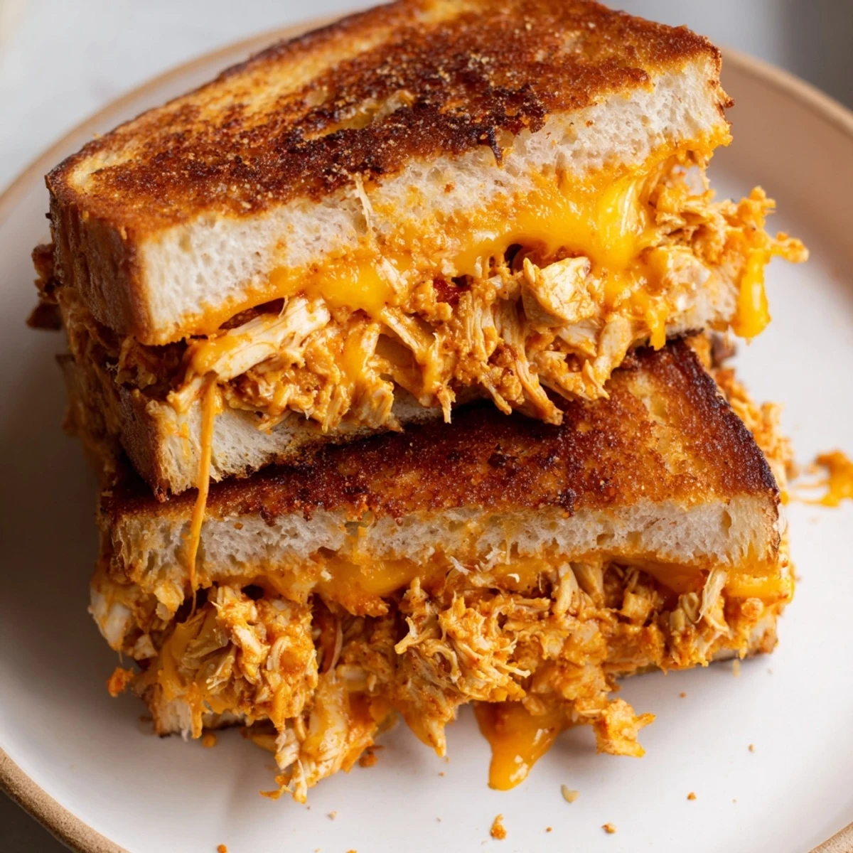 Golden, crispy Spicy Crispy Chicken Sandwich Grilled Cheese with melted cheese oozing out deliciously.