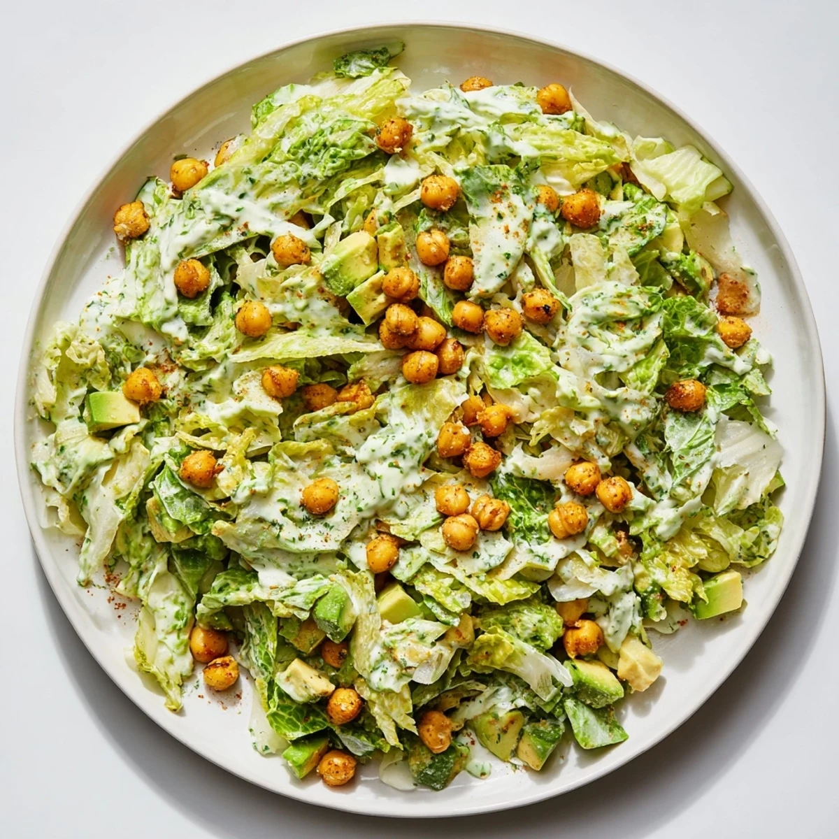 Creamy Green Goddess Salad with fresh herbs, crisp vegetables, and crunchy chickpeas, ready to enjoy.