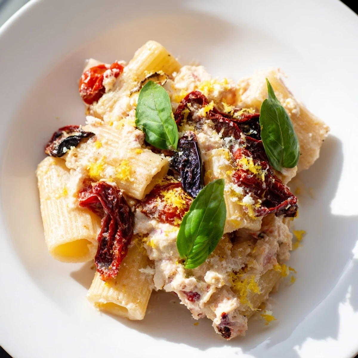 Creamy Baked Feta Pasta with vibrant sun-dried tomatoes—a delicious vegetarian Mediterranean meal.
