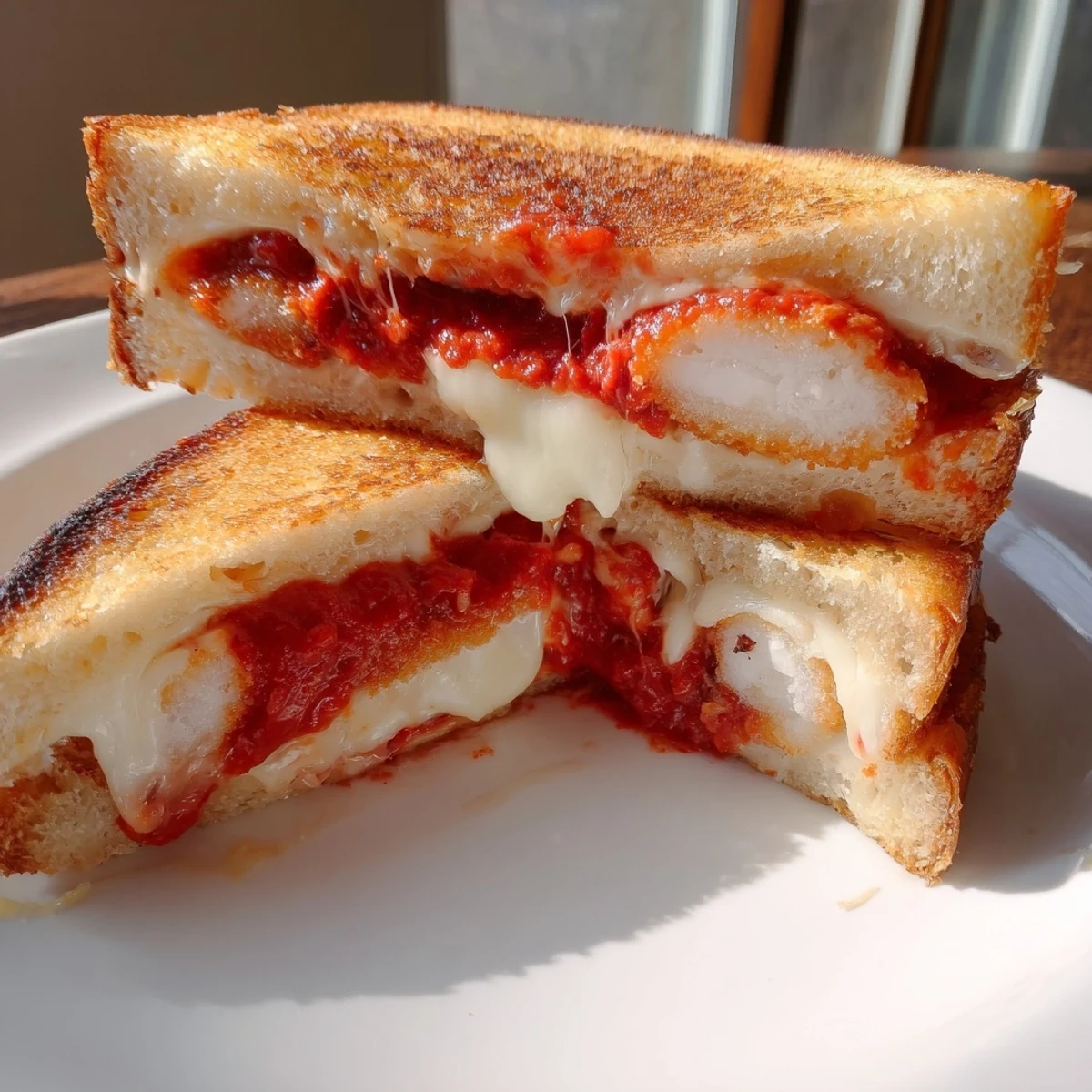 Golden, gooey Mozzarella Stick Grilled Cheese with melted cheese oozing out, waiting to be enjoyed.