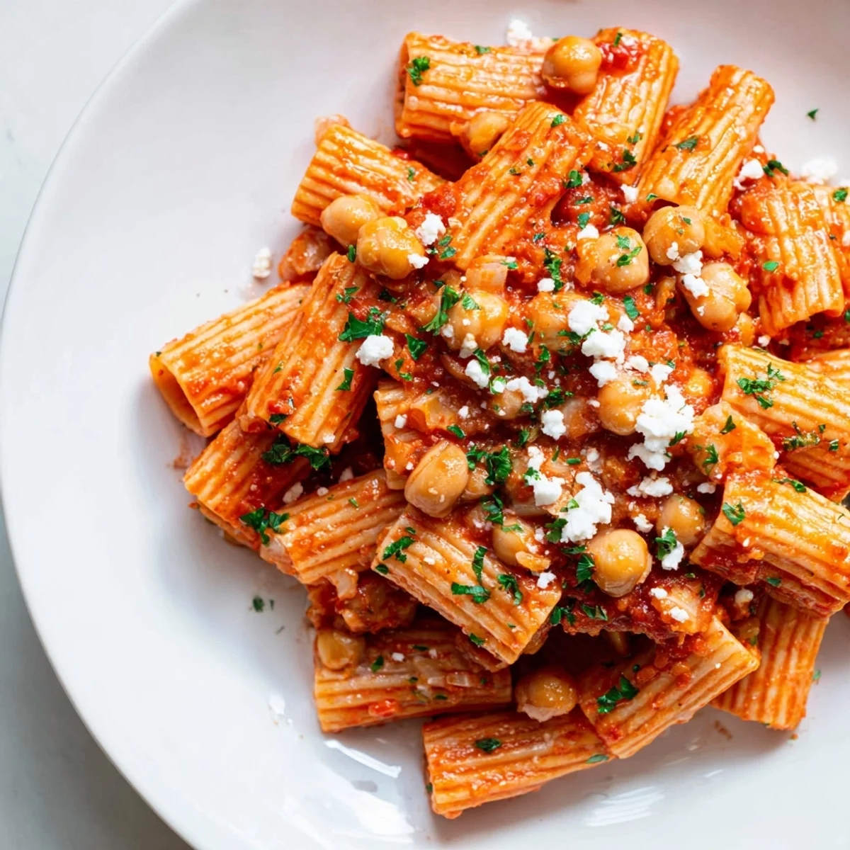A bowl of steaming Harissa Chickpea Pasta, vibrant red sauce coating perfectly cooked pasta shapes.