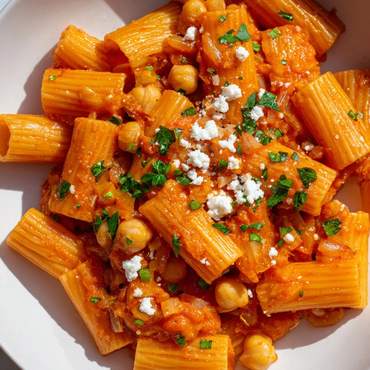 Close-up of savory Harissa Chickpea Pasta, garnished with fresh herbs, ready for a delicious meal.