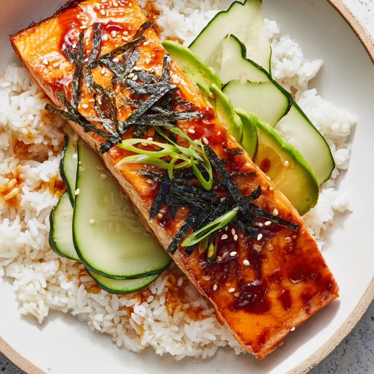 Emily Mariko-Inspired Sticky Orange Gochujang Salmon Bowl: a vibrant bowl of flaky salmon and flavorful toppings.