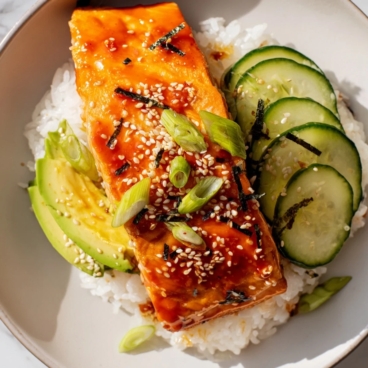This Emily Mariko-Inspired Sticky Orange Gochujang Salmon Bowl features glossy, glazed salmon over fresh rice and veggies.