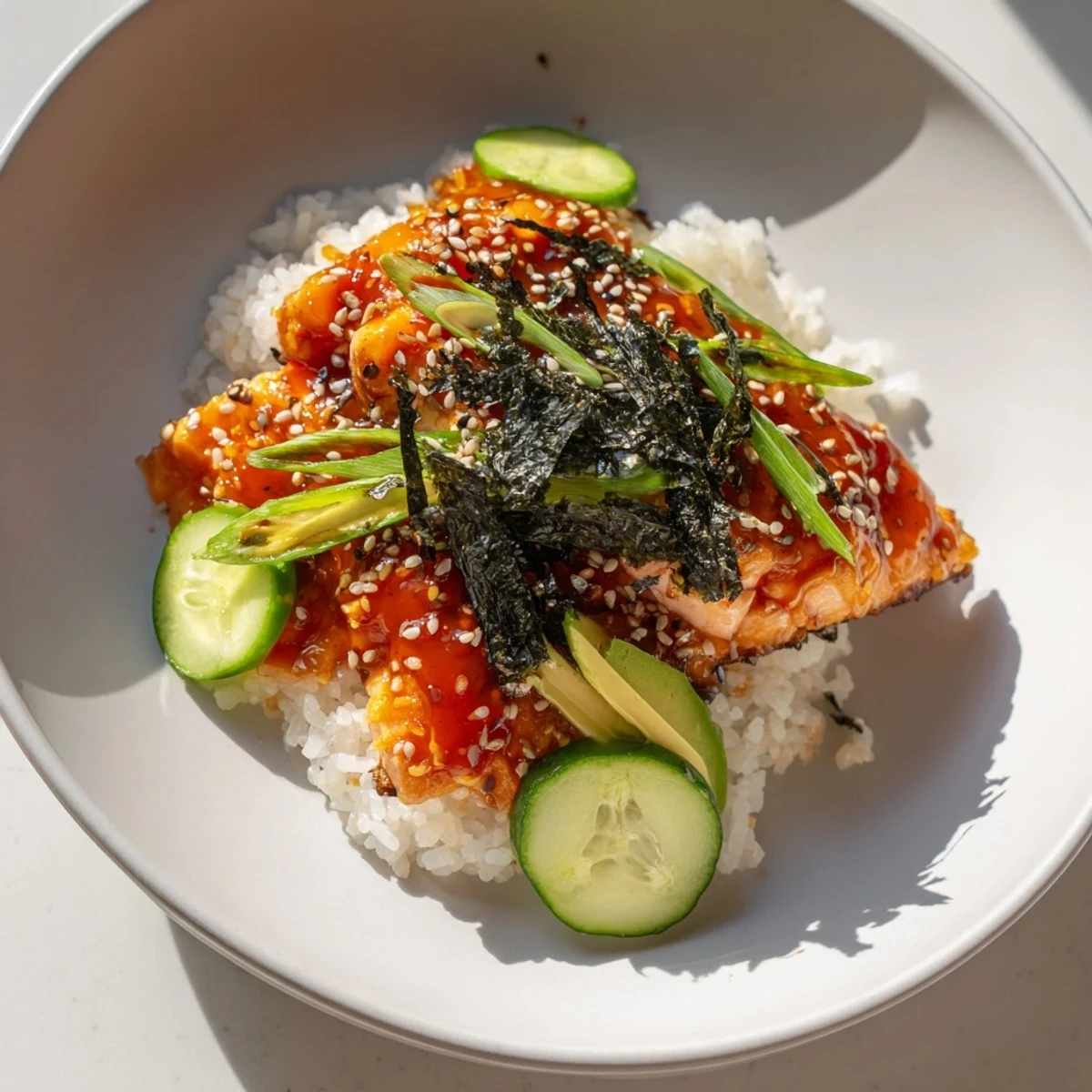 Imagine the textures in this Emily Mariko-Inspired Sticky Orange Gochujang Salmon Bowl, with tender salmon and crunchy toppings.