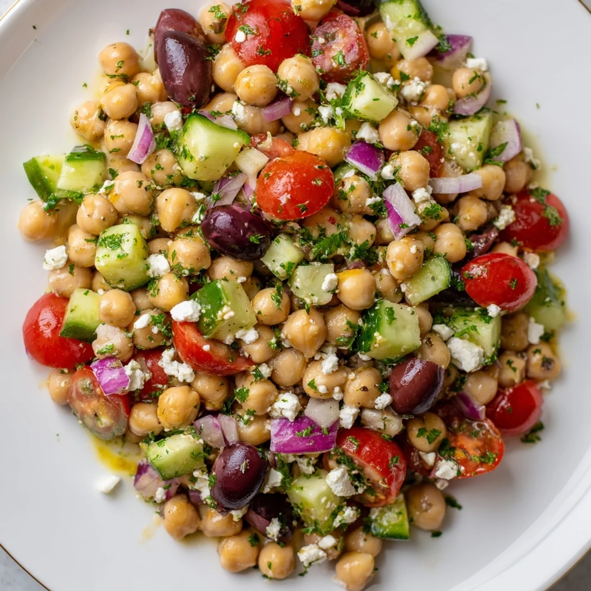 Close-up of a refreshing vegetarian Mediterranean Chickpea Salad, made with healthy ingredients and flavorful herbs.