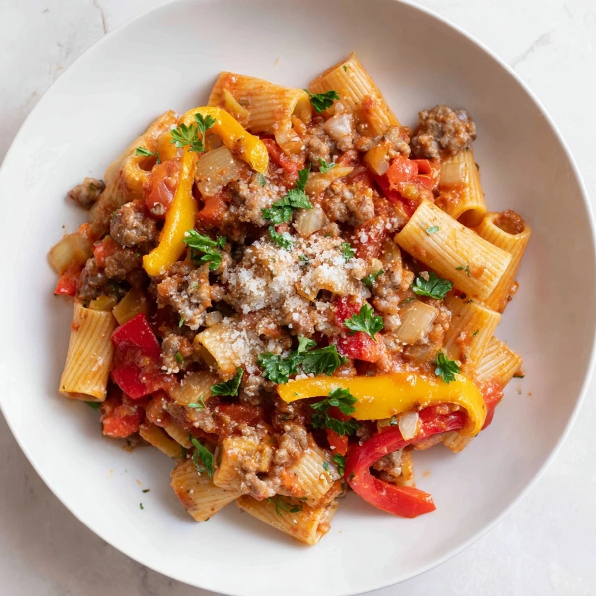 A steaming bowl of Sausage and Peppers Pasta, showcasing vibrant vegetables and perfectly cooked pasta.