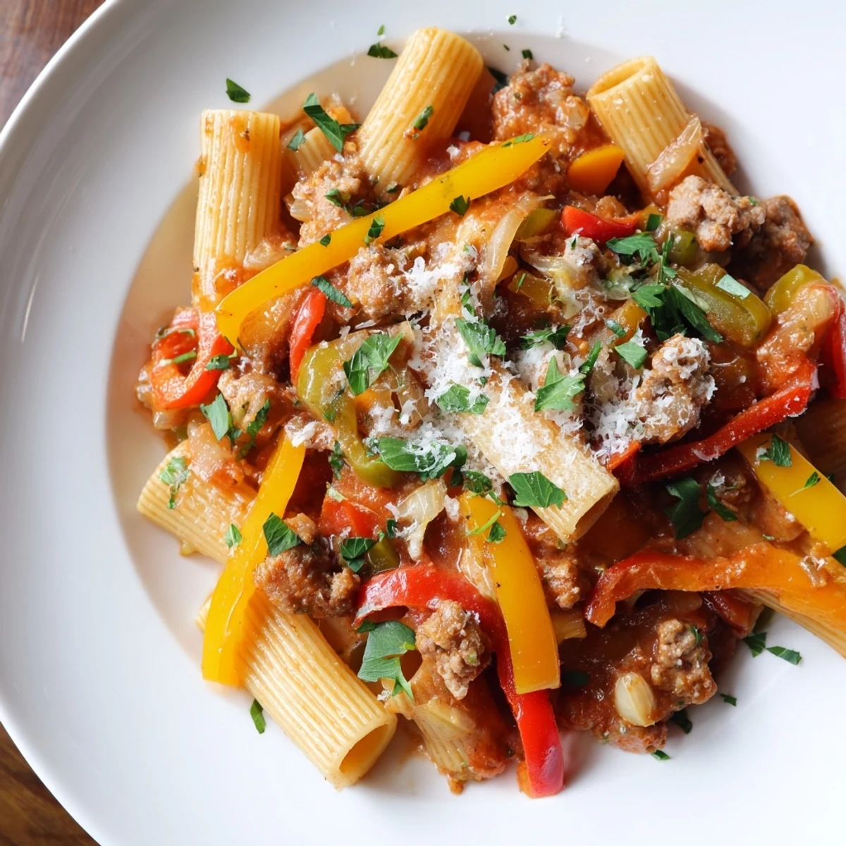 Fork twirling al dente Sausage and Peppers Pasta, beautifully garnished with fresh parsley and Parmesan.