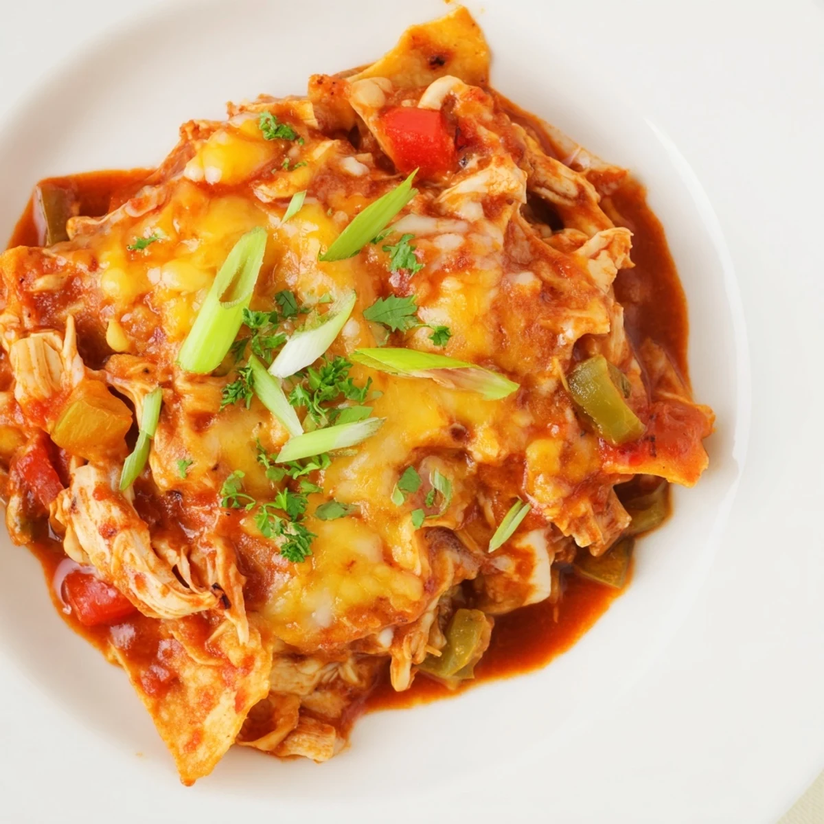 Steaming hot Chicken Enchilada Skillet, featuring melted cheese and colorful bell peppers, ready to serve.