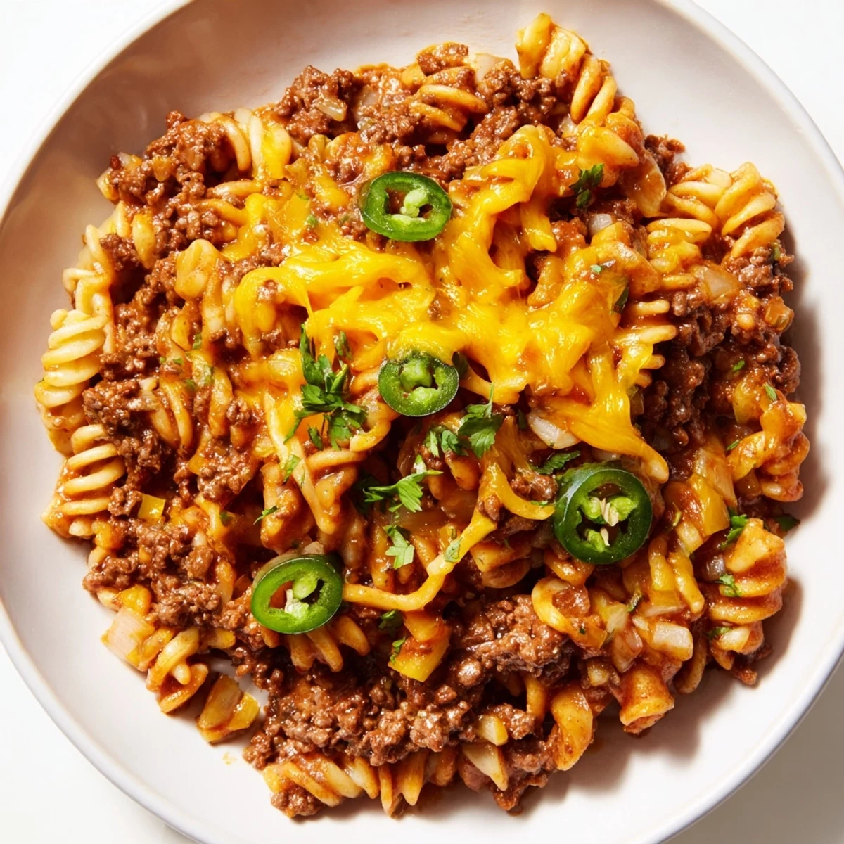 A skillet filled with the rich, savory Beef Taco Pasta, garnished with fresh cilantro and avocado.