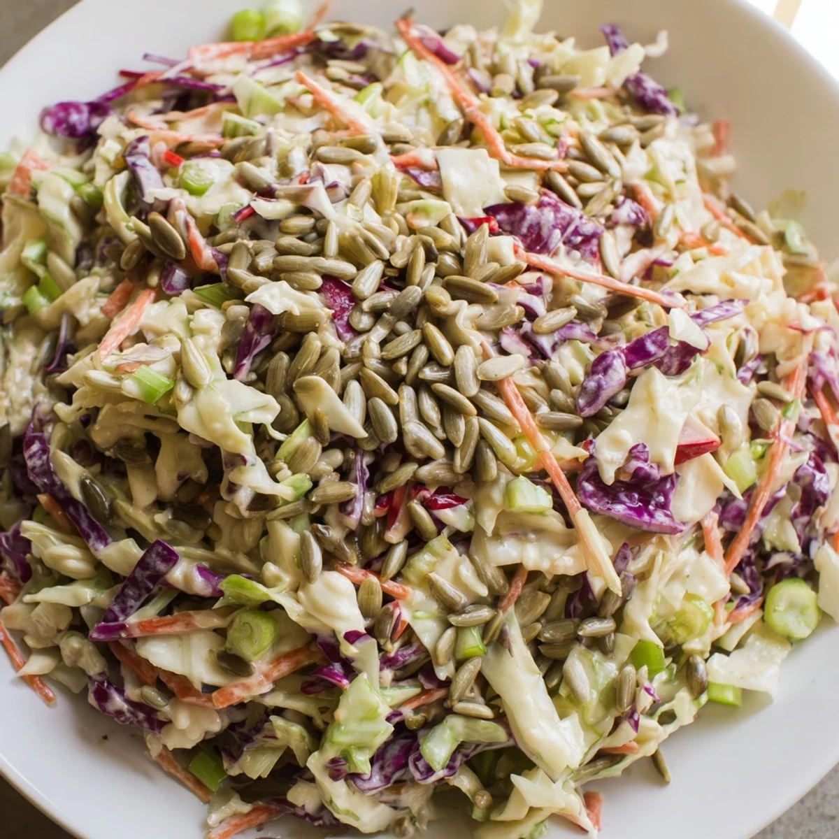Fresh, colorful crunchy coleslaw salad in a bowl, perfect for a summer BBQ side dish.