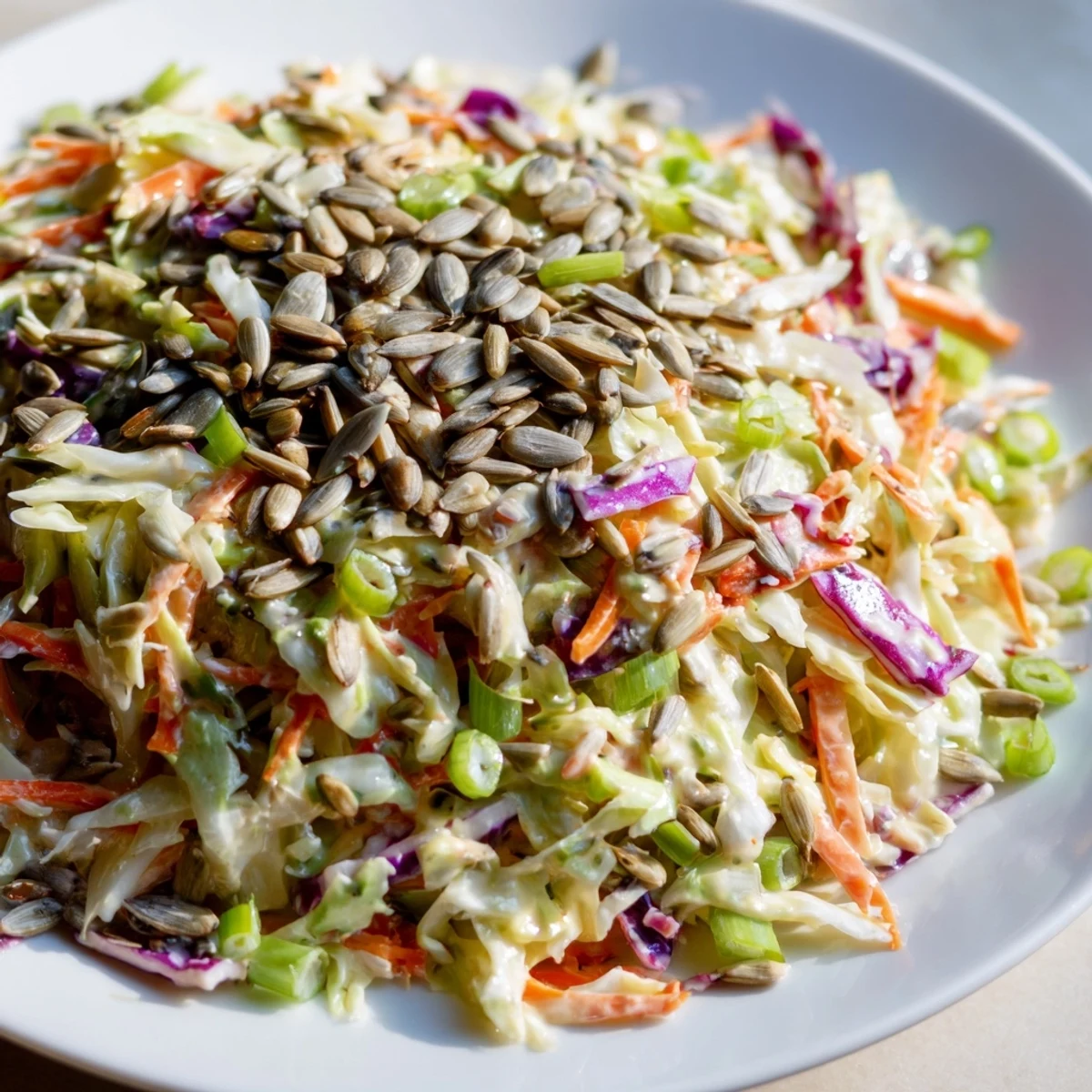 This homemade crunchy coleslaw salad boasts shredded cabbage, carrots, and a creamy dressing, ready to enjoy.