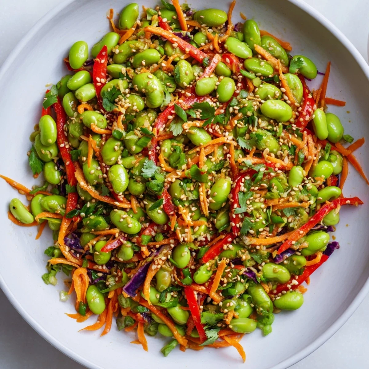 Vibrant Asian Edamame Salad with sesame seeds, a colorful and refreshing dish ready to serve.