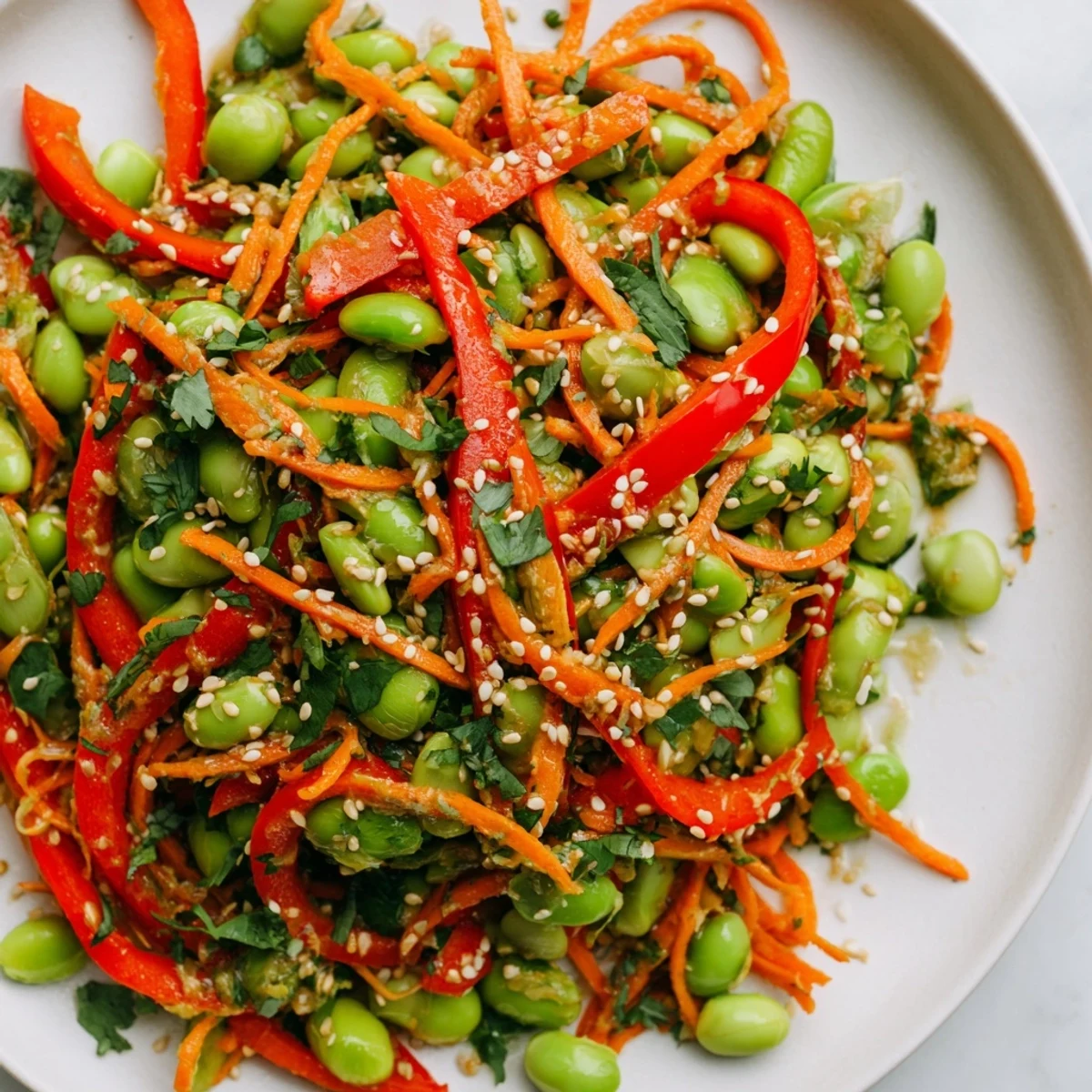 Bright green edamame in a delicious Asian Edamame Salad, coated in flavorful sesame ginger dressing.
