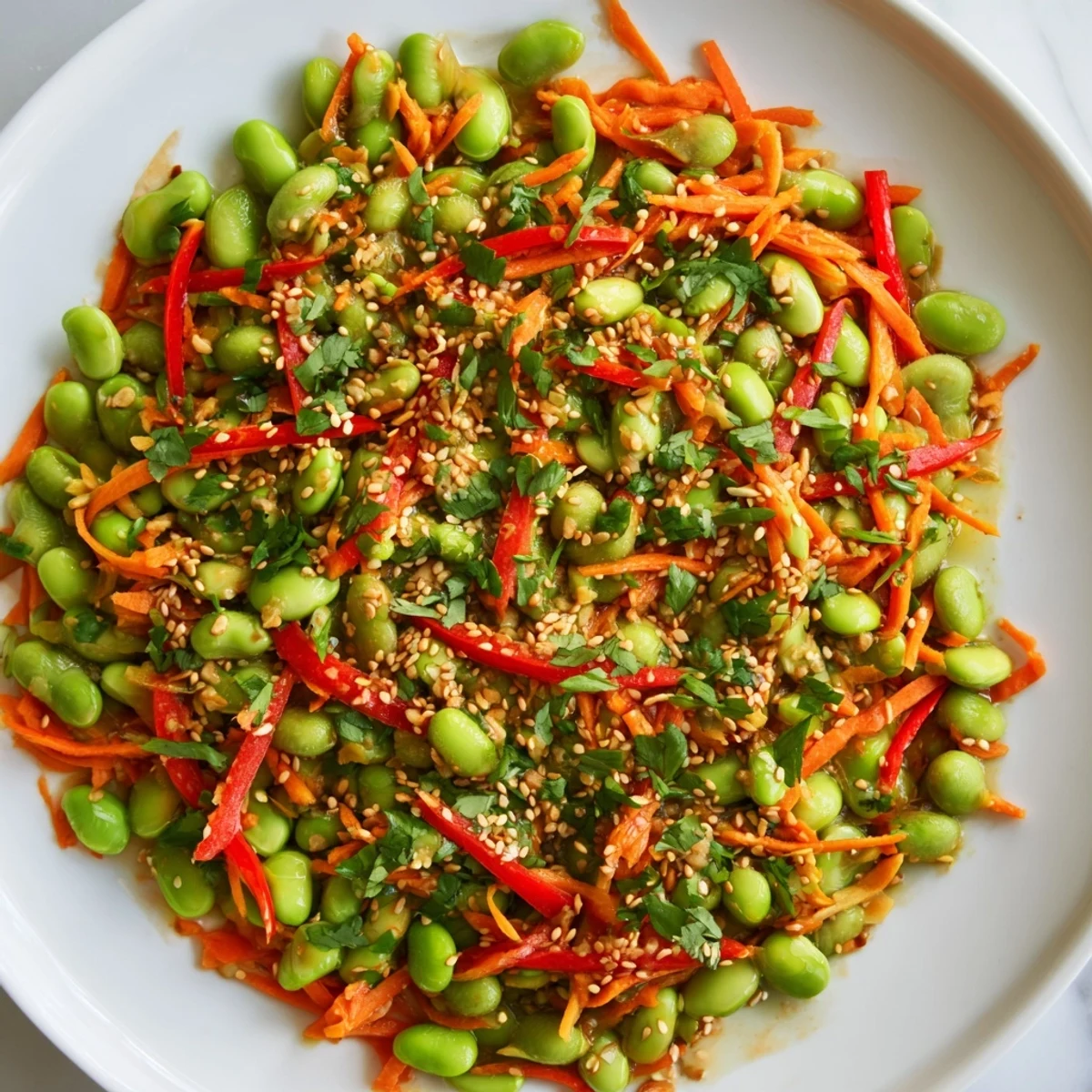 Freshly tossed Asian Edamame Salad, featuring crunchy vegetables and a savory, aromatic glaze.