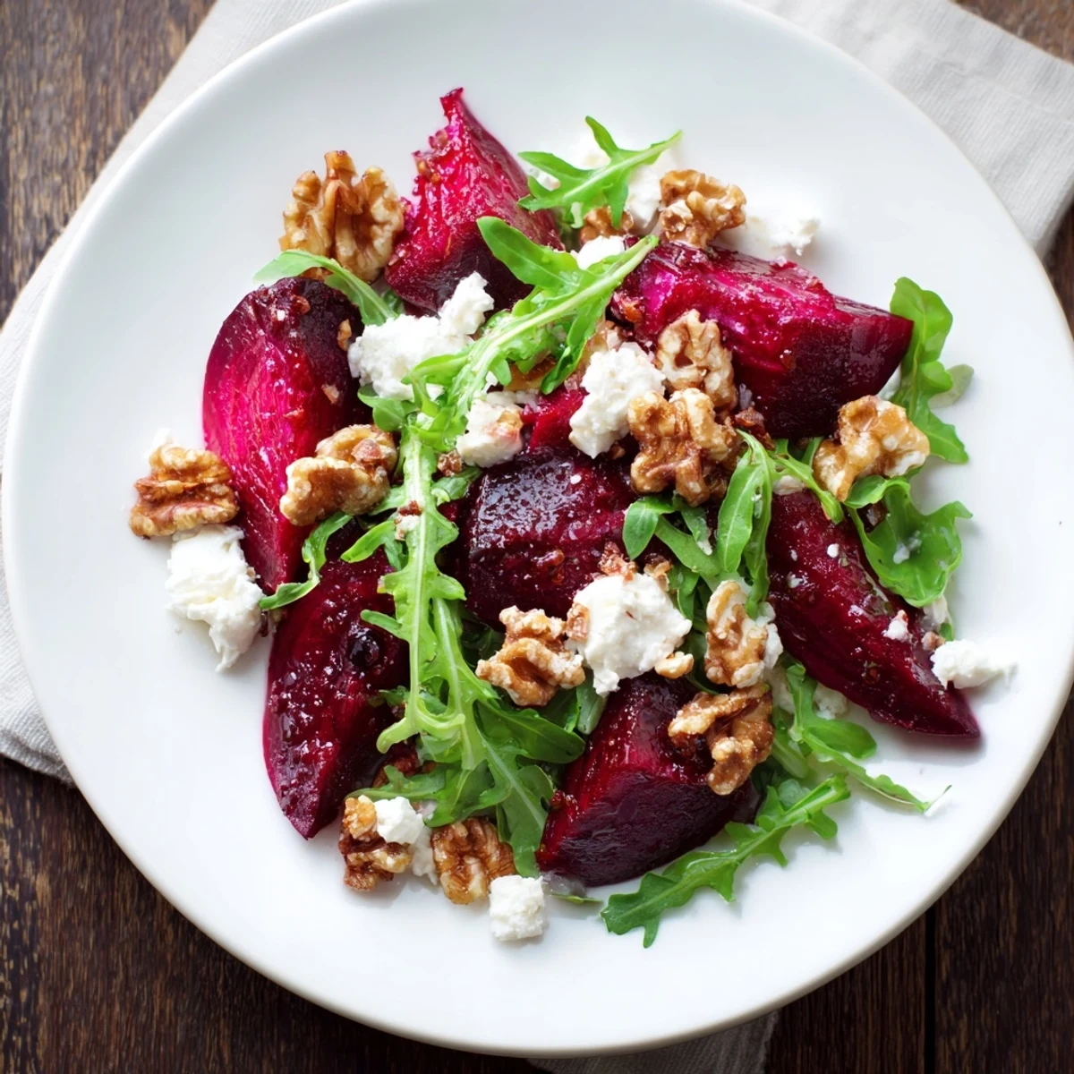 Colorful, close-up of a Roasted Beet Walnut Salad with arugula, walnuts, and creamy goat cheese.