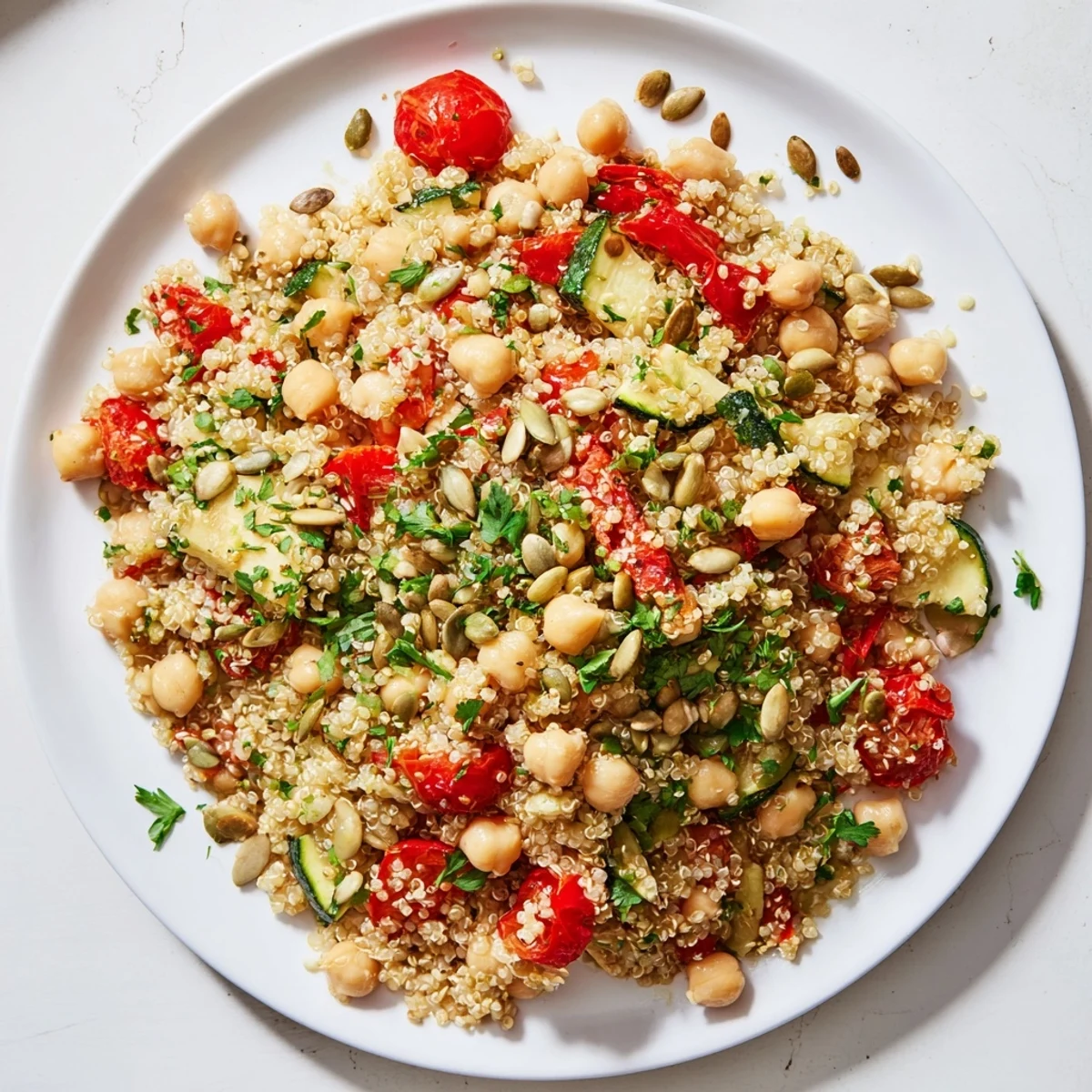 A colorful bowl of quinoa power protein salad with roasted veggies, perfect for lunch.