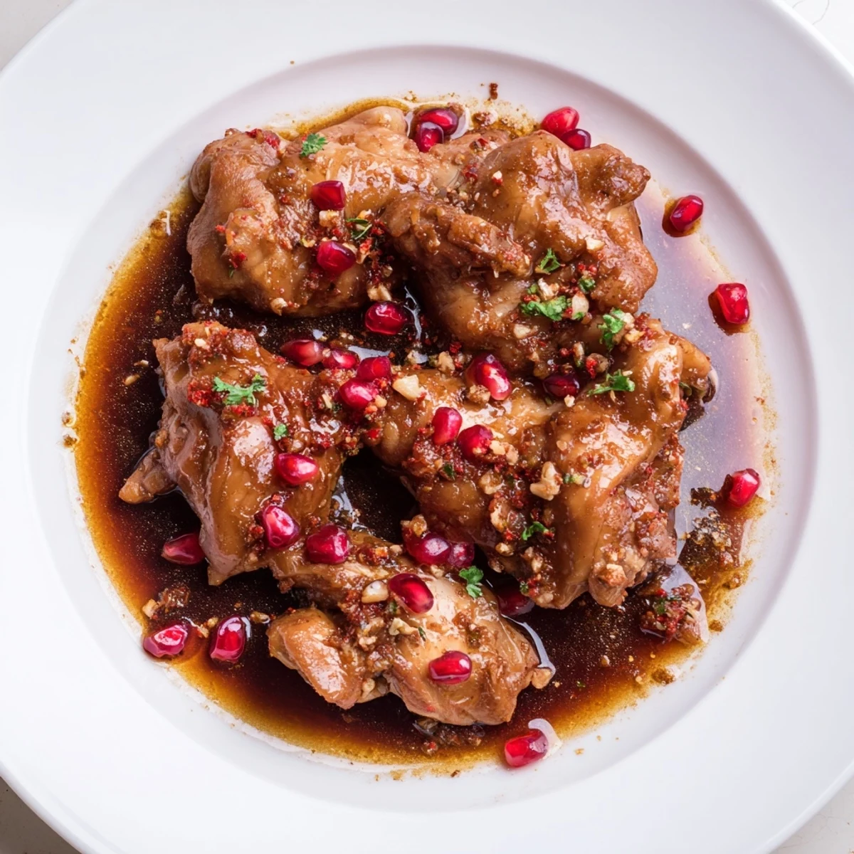 A close-up of steaming Iranian Fesenjan stew, the rich pomegranate sauce glistening around tender meat.