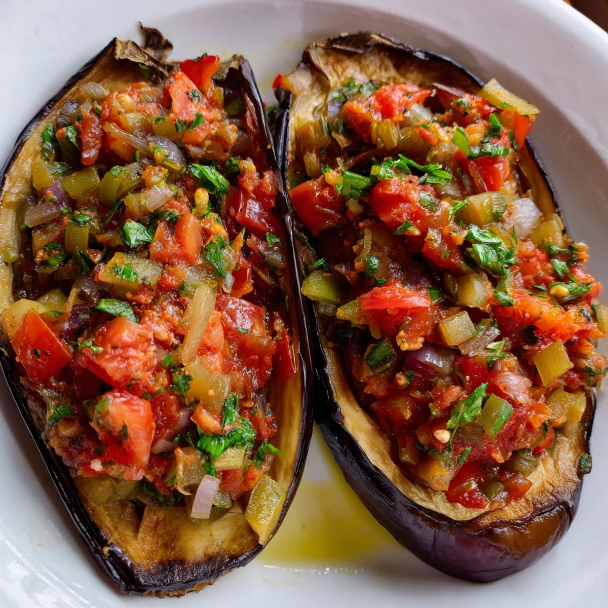 Golden-brown Imam Bayildi, showcasing tender eggplant halves overflowing with savory tomato filling.