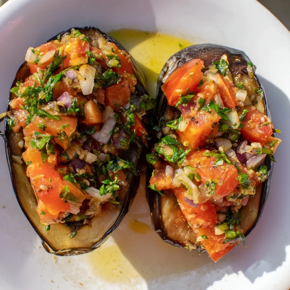 Enjoy a visual of vibrant Imam Bayildi, its baked eggplant glistening in olive oil ready to eat.