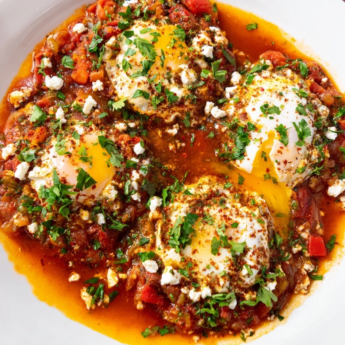 Image of Israeli Shakshuka eggs, a flavorful dish with bright red tomato sauce and perfectly poached eggs.