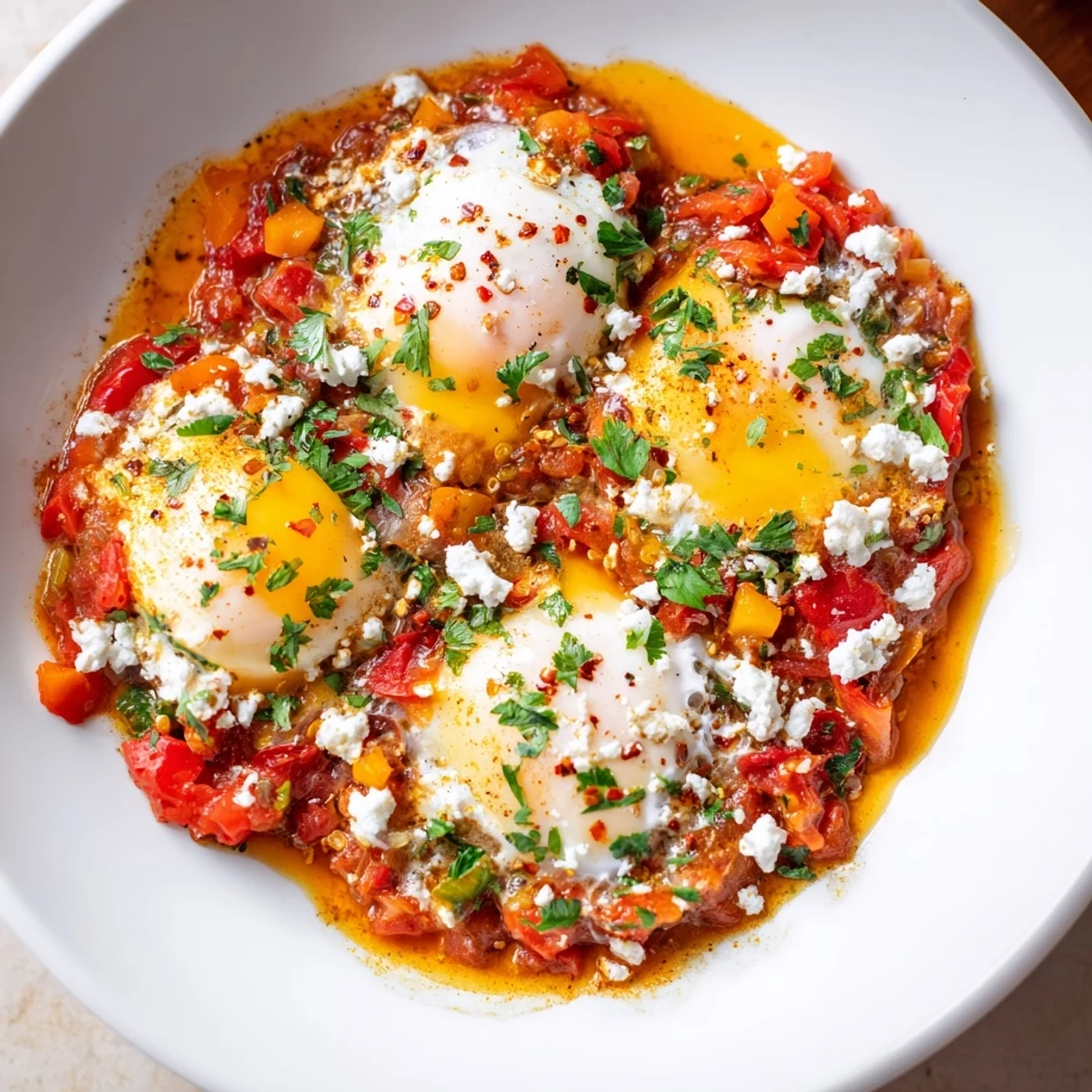 Warm, inviting shot of Israeli Shakshuka, showing vibrant sauce with runny egg yolks ready to be scooped up.