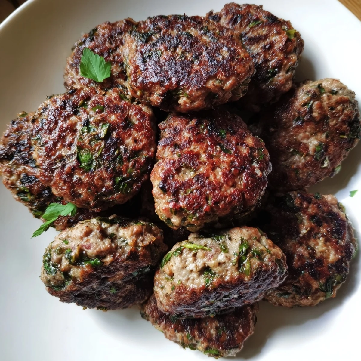 Golden browned Turkish Köfte Meatballs, showcasing a beautifully seared exterior with herbs scattered.
